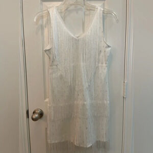 Cuase‎ White Silver Fringe Dress Large Flapper Gatsby Roaring 20s Sleeveless